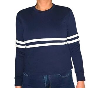 All Row White Striped Long Sleeve Sweater Size Small Dark Blue